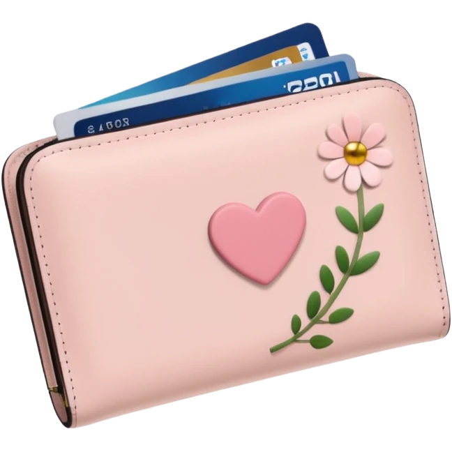Pale Pink cute Wallet with heart charm, credit cards inside and flowers growing from it, clean aesthetic emoji