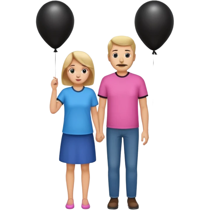 Mom in pink shirt dad in blue shirt holding black baloon emoji