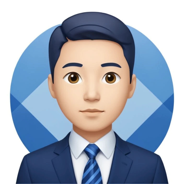 confident Korean businessman emoji, navy suit, blue tie, modern blue and white geometric stripes in background, expressing digital innovation and professionalism emoji