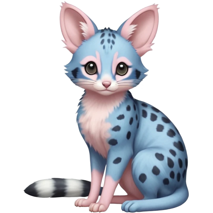 Pastel Pink, blue-pointed, soft natural realistic romantic vintage antique divine beautiful elegant pretty precious cute young youthful  Fakémon-Pokémon-opossum-feline-mouse-serval-caracal-chinchilla-Minccino-Cinccino-Meowstic-rodent-hybrid-creature with a big fluffy bushy tail (full body) emoji