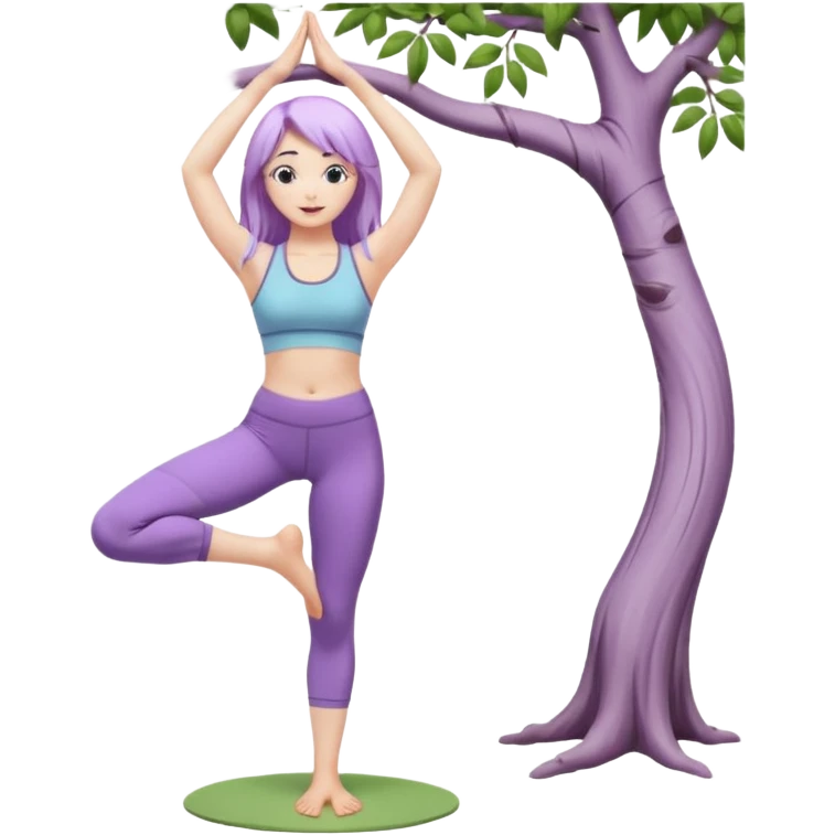Девушка белокожая, с длинными светло-фиолетовыми волосами, в одежде для йоги, стоит в позе дерева на одной ноге, вторая нога согнута, руки вверху ладонь к ладони, в стиле бимбо пилатес, правильные пропорции, без дерева emoji