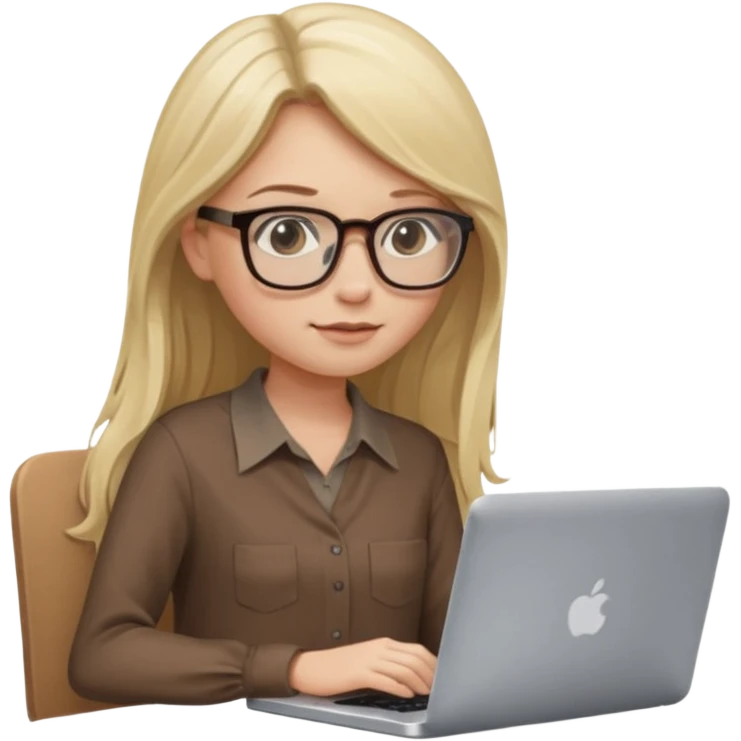 Girl in glasses, blonde long hair, sitting, brown blouse, typing on gray MacBook emoji