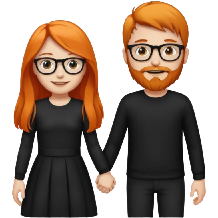 girl with long orange hair wearing no glasses and all black clothes and holding hands with boy with dark hair and beard and glasses and pale skin emoji