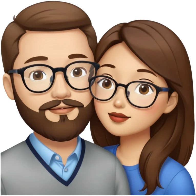 Asian American woman kissing a white guy with brown hair and the white guy has beard stubble and white guy has glasses emoji
