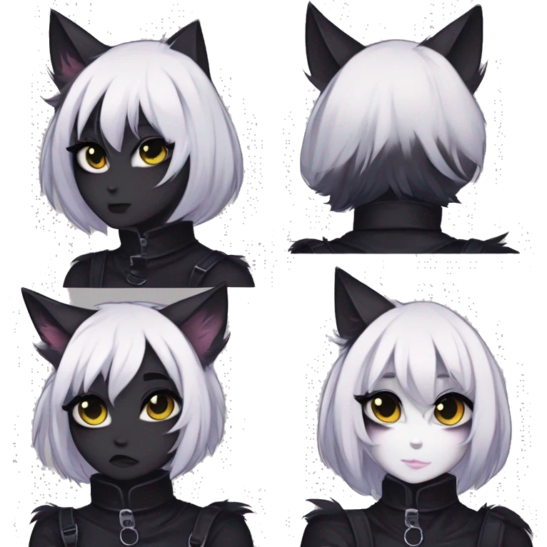 Gorgeous furry gothic dark techwear anime style anthro black cat furry sona with blushing face aesthetic and pretty edgy black with collar and harness trending style emoji