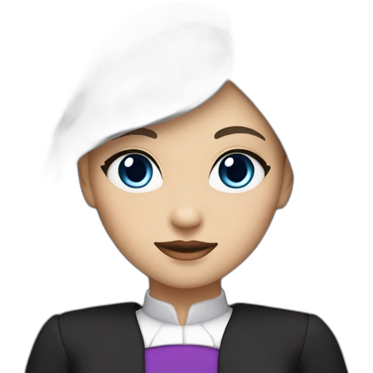 a girl with long straight white hair and purple at the ends,blue eyes and a small heart on the left cheek black dress with a collar roll black emoji