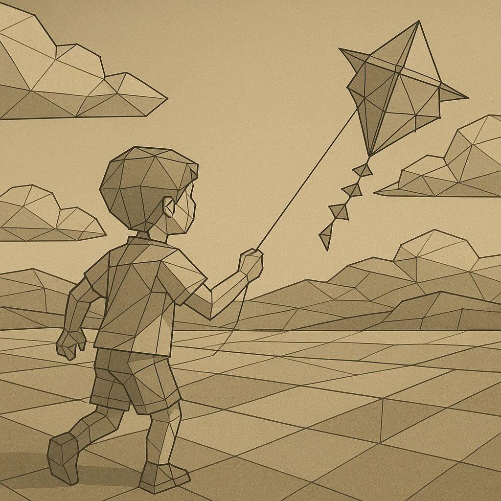 child flying a jagged kite in a blocky field. emoji