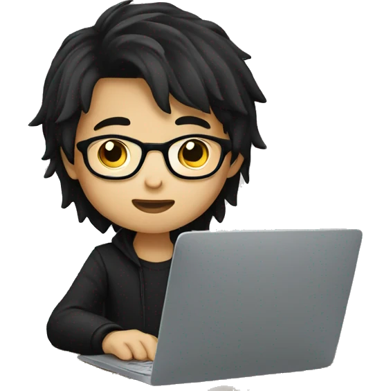asian boy with glasses, long hair working, wearing black clothes , on his laptop  emoji