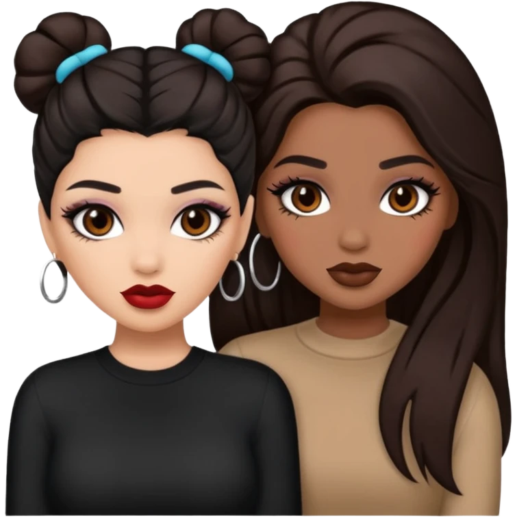 Boujy baddie best friends, trendy heavy makeup both dark hair one light skinned and one mocha brown  emoji