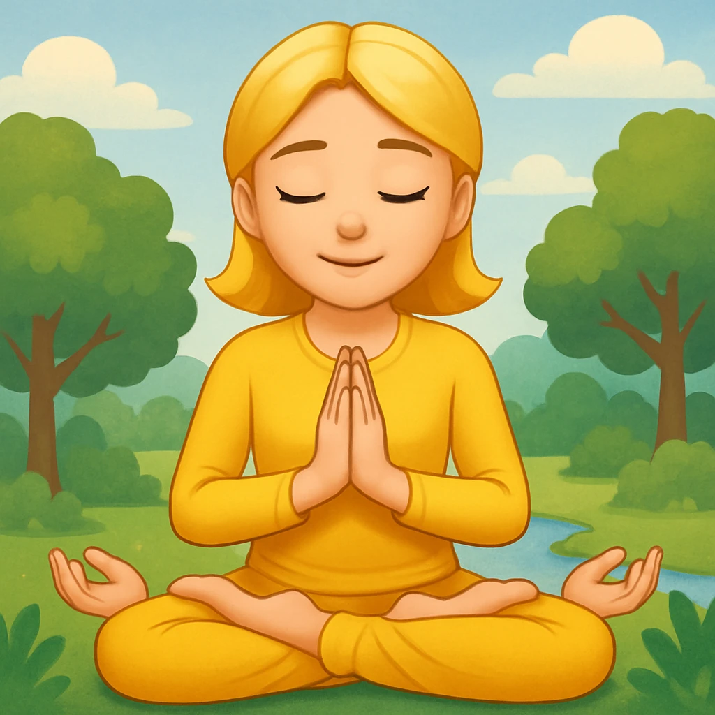 Add a peaceful nature background with trees and sky behind the meditating emoji, keep the classic emoji style emoji
