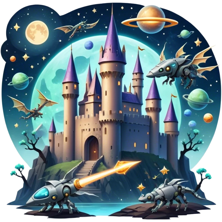 Icon for Fantasy and Sci-Fi Movies: A magical collage with flying dragons. futuristic spaceships and UFOs. Stars and planets shimmer in the background with a mystical castle Hogvards an ancient wizard and robots. The atmosphere is epic, otherworldly and adventurous. Transparent background. emoji