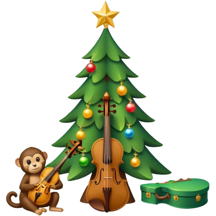 A cute, minimal emoji-style Christmas tree with a bright green triangular shape, decorated with a simple glowing light garland and round colorful baubles, a wooden violin replacing the trunk, and a small playful monkey sitting at the very top carefully placing a golden Christmas star emoji