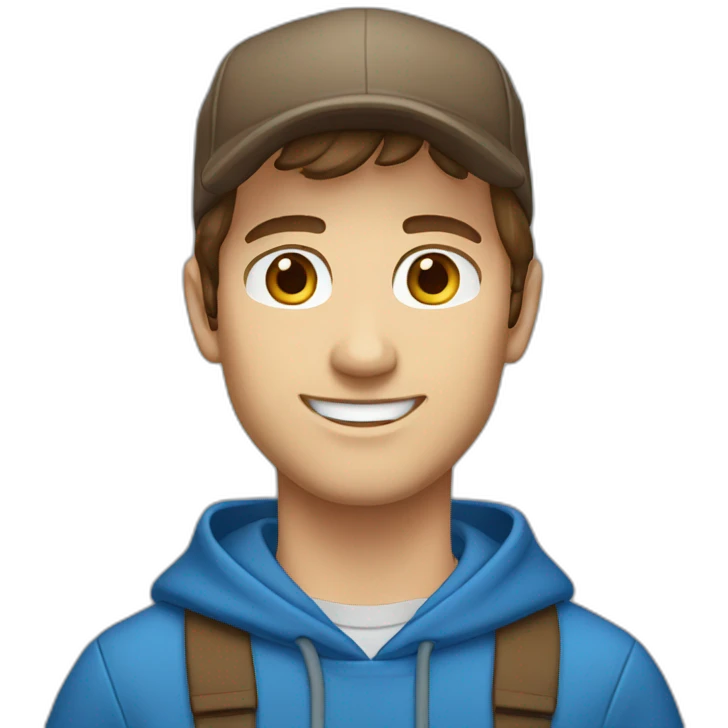 caucasian, male, brown hair, brown eyes, cap, smiling, blue hoodie emoji