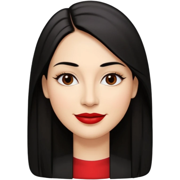 Mulher, 40 anos, pele: Morena clara, rosto: Oval, Cabelos: Lisos, longos, cor preta, repartidos para o lado direito, Olhos: Castanho-escuros, espaçamento normal, Nariz: Tamanho médio, ponte reta, narinas discretas, Boca: Lábios médios, bem definidos, com batom vermelho marcante e sorrindo  emoji