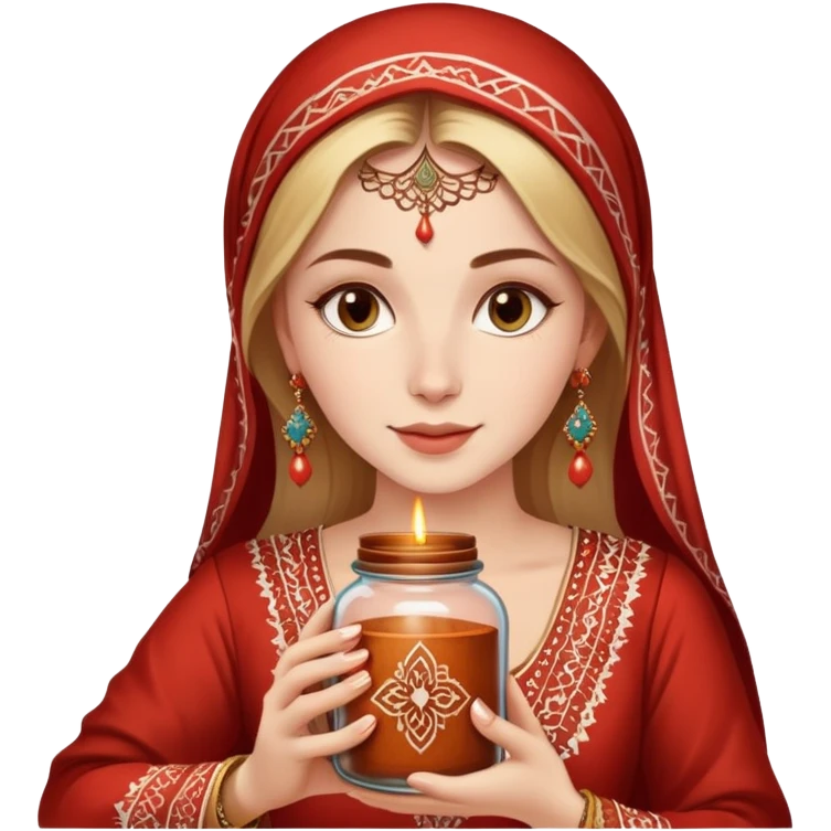 A beautiful white women wearing a traditional marrocan clothing and holding a jar of henna emoji