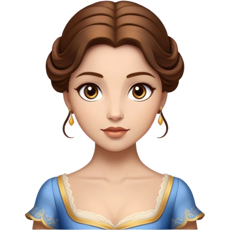 Cinematic Realistic Belle Portrait, depicted with lifelike skin texture, soft natural lighting, and intricately detailed brown hair styled elegantly. Her deep, expressive eyes exude warmth and intelligence, complemented by a serene and graceful expression. She is dressed in her classic attire, with rich fabric textures and delicate folds that catch the light beautifully. The portrait features a soft, enchanting glow with a natural, radiant finish, capturing the essence of timeless beauty in a realistic and painterly style, evoking a sense of depth and authenticity. emoji