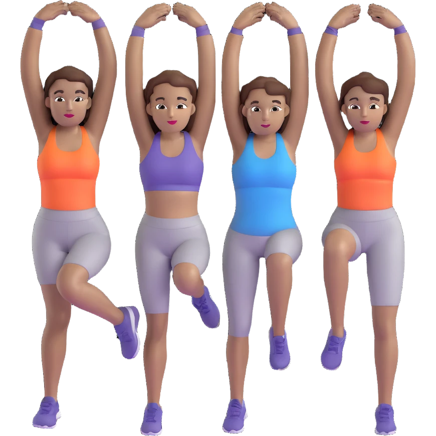three women friends exercising together, one black woman with brown hair, two white women with brown hair emoji
