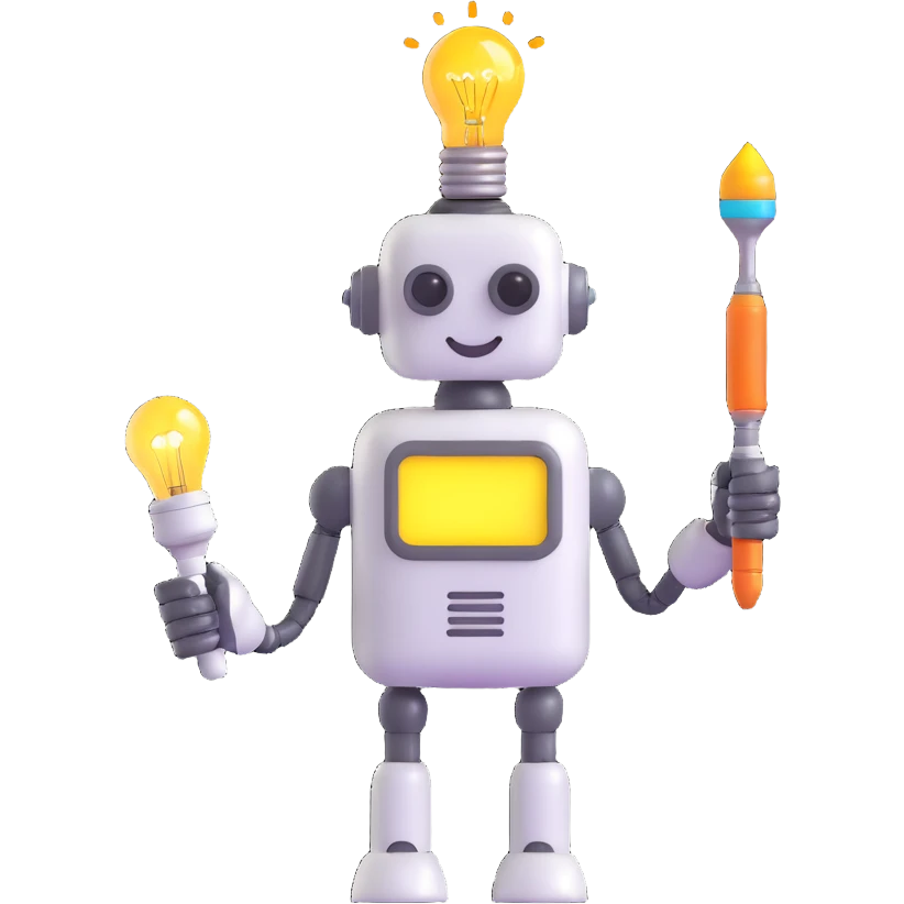 playful smiling robot holding a paintbrush with a glowing lightbulb above its head, indicating AI-assisted creation emoji