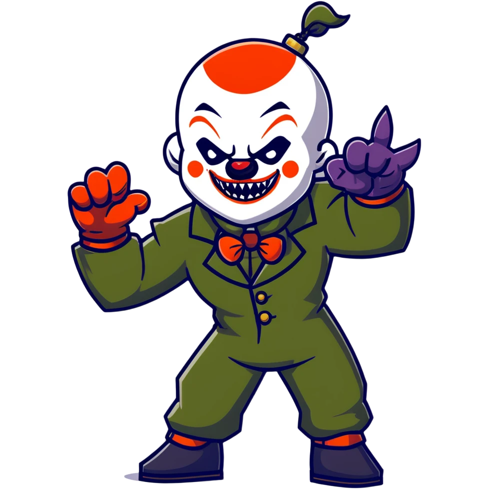 evil clown warrior, bald, small black satan-like horns on forehead, fangs, pointed ears, eye patch over one eye, black and military green leisure suit with bellbottom pants, realistically proportioned, less bulky, full body, battle-ready fighting posture emoji