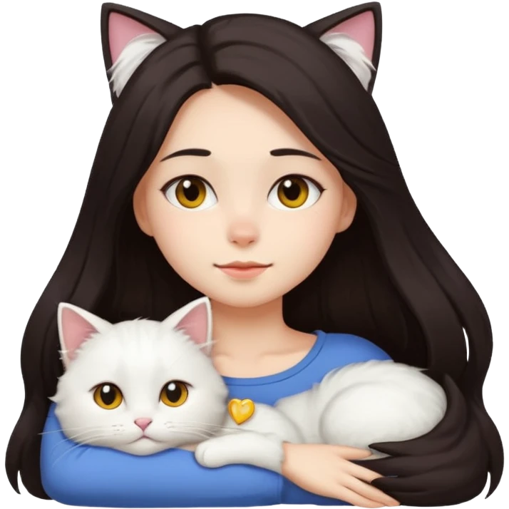 a girl with long dark hair and a white fluffy cat lying on her left shoulder and neck, emoji style, suitable for Discord and Slack sharing emoji