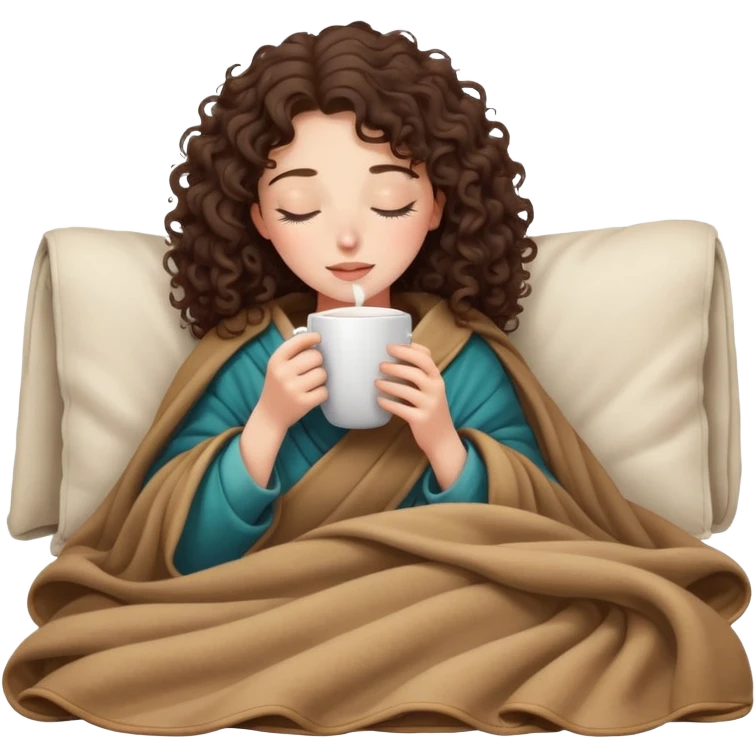 Brunette Curly girl inside a blanket sipping coffee eyes closed emoji