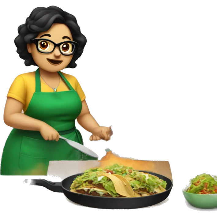 chubby lady with black hair green apron  with glasses cooking tacos emoji