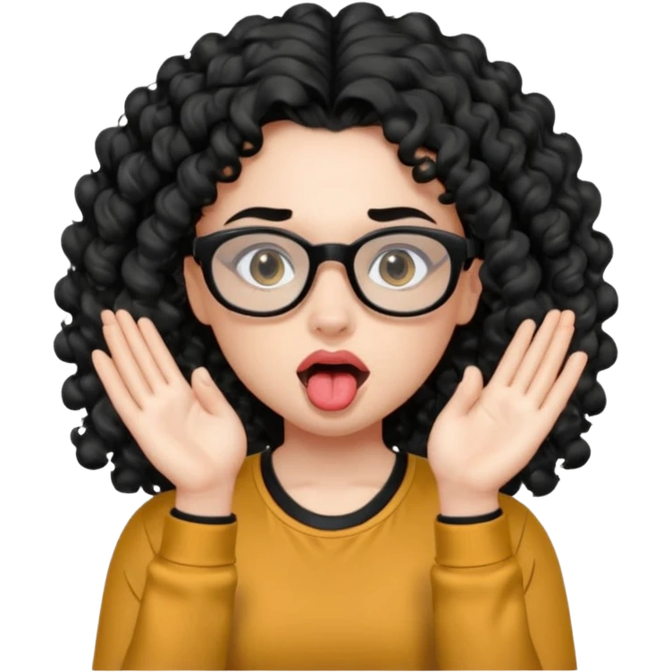 girl with doe eyes a small nose and big lips with black Long curly hair and wearing a gray compression shirt black sweatpants and black glasses sticking her tounge out with both hands flipping off emoji