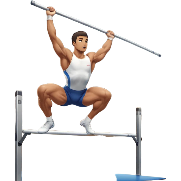 A professional male athlete performing on the parallel bars, showcasing strength and grace. His body is in mid-motion as he holds a perfect inverted position, demonstrating control and balance. The background features a bright gymnasium with high ceilings and a crowd cheering in the distance. emoji