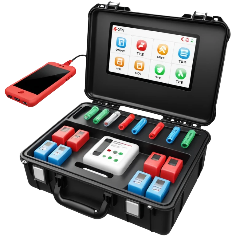An open, black outdoor test case.Interior: control panel with colored test jacks, USB ports, and a power outlet. A red test probe is located next to it. On the left side of the case is a large roll of white, round test labels displaying QR codes.  emoji