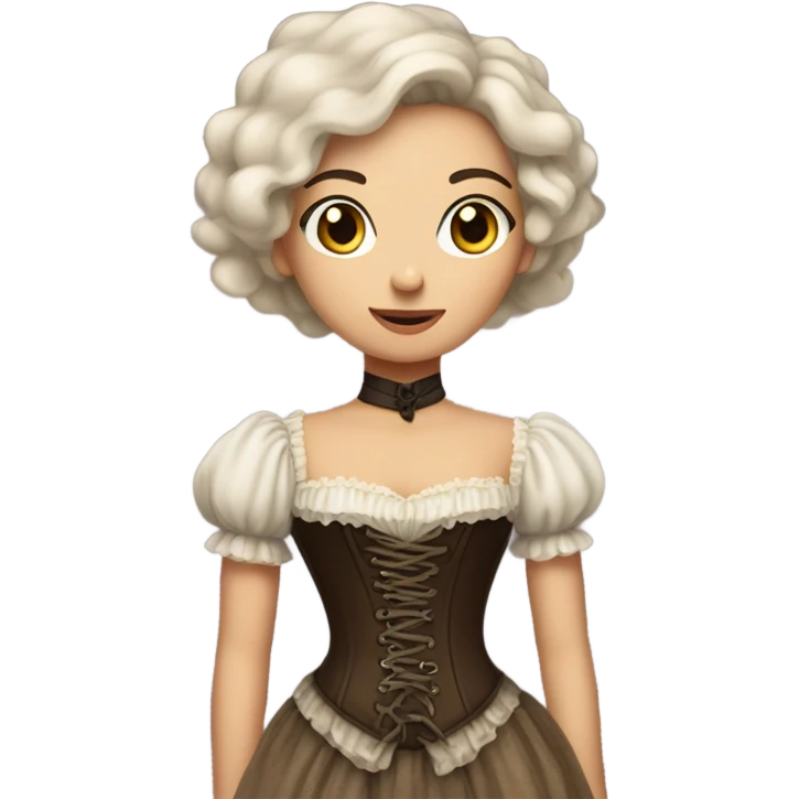 a light girl with straight and loose dark brown hair standing with her back tied an old corset on a fluffy dress emoji
