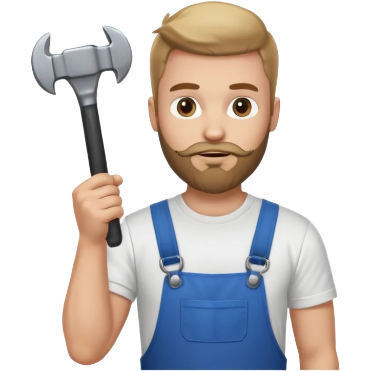  guy who looks very handsome, he has a beard, wears a white tee shirt and holds a wrench in one hand and a black hammer in the other  emoji
