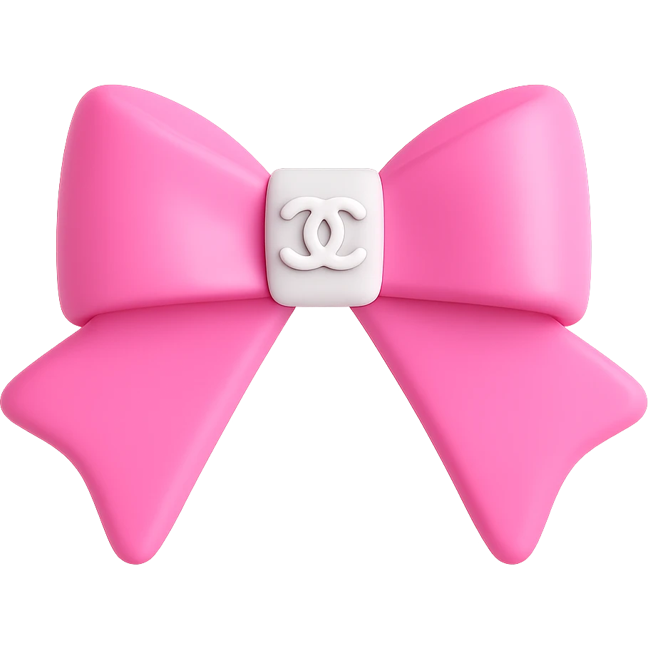 Make the Chanel logo small and white on the pink and white bow, keep it glossy, elegant, 3D emoji style, with no background. The style should resemble a 3D emoji with a glossy and elegant finish. emoji
