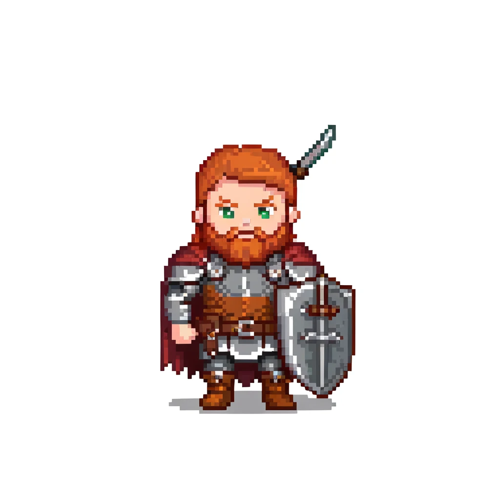 ginger viking with red hair and beard, leather and metal armor, shield and sword emoji