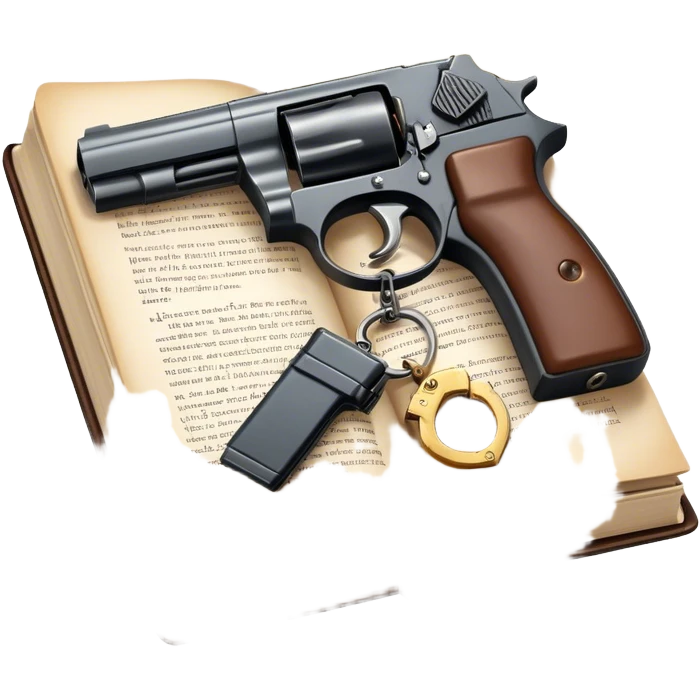 Icon for Action & Crime Reading: an open book with action-packed scenes, featuring a gun, handcuffs, a detective's badge. The icon should capture the tension and excitement of crime and action stories. Transparent background. emoji