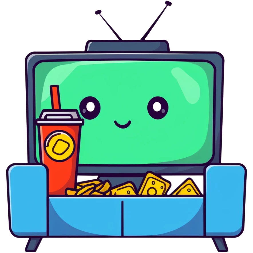 character watching TV with chips and soda emoji