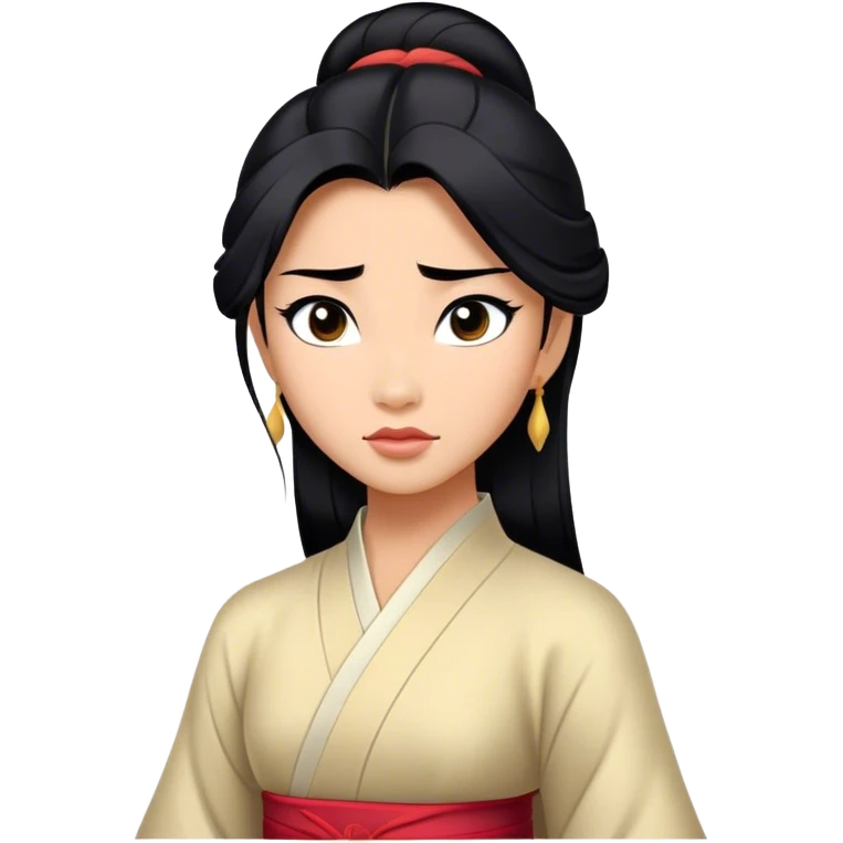 Cinematic Realistic Mulan Portrait, depicted with lifelike skin texture, soft natural lighting, and intricately detailed long black hair styled elegantly. Her deep, expressive eyes exude determination and grace, complemented by a serene yet confident expression. She is dressed in her classic attire, with rich fabric textures and delicate folds that catch the light beautifully. The portrait features a soft, enchanting glow with a natural, radiant finish, capturing the essence of timeless strength and beauty in a realistic and painterly style, evoking a sense of depth and authenticity. emoji