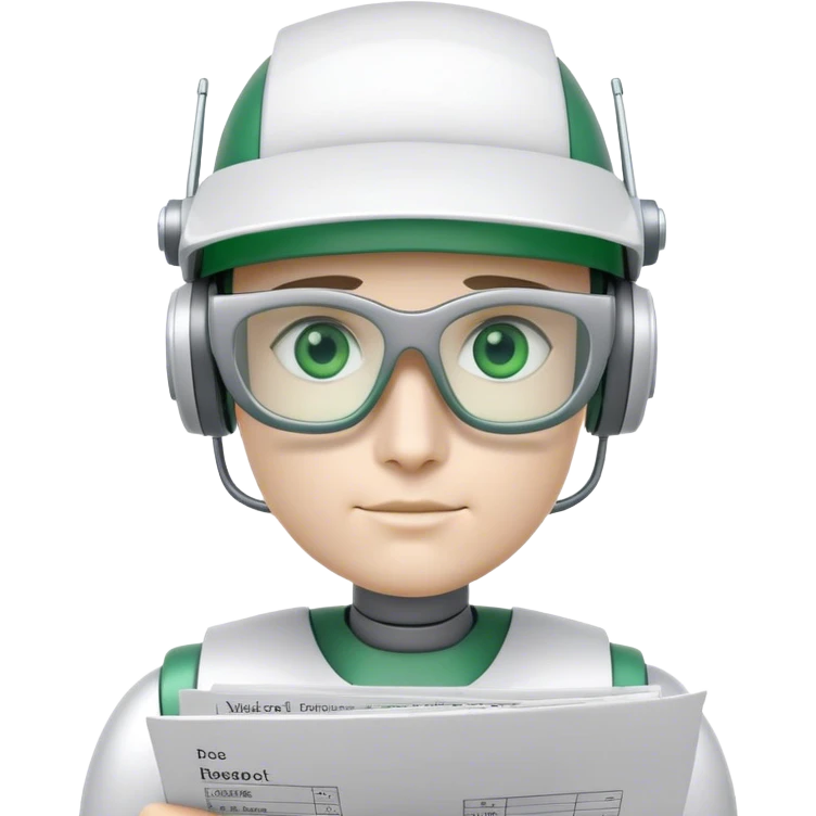 human like robot bookkeeper wearing Green eyeshades visor used by accountants and holding spreadsheets emoji