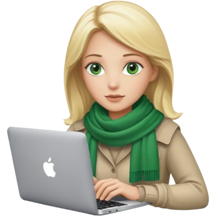 blond women skine , with green eyes and scarf . with macbook emoji