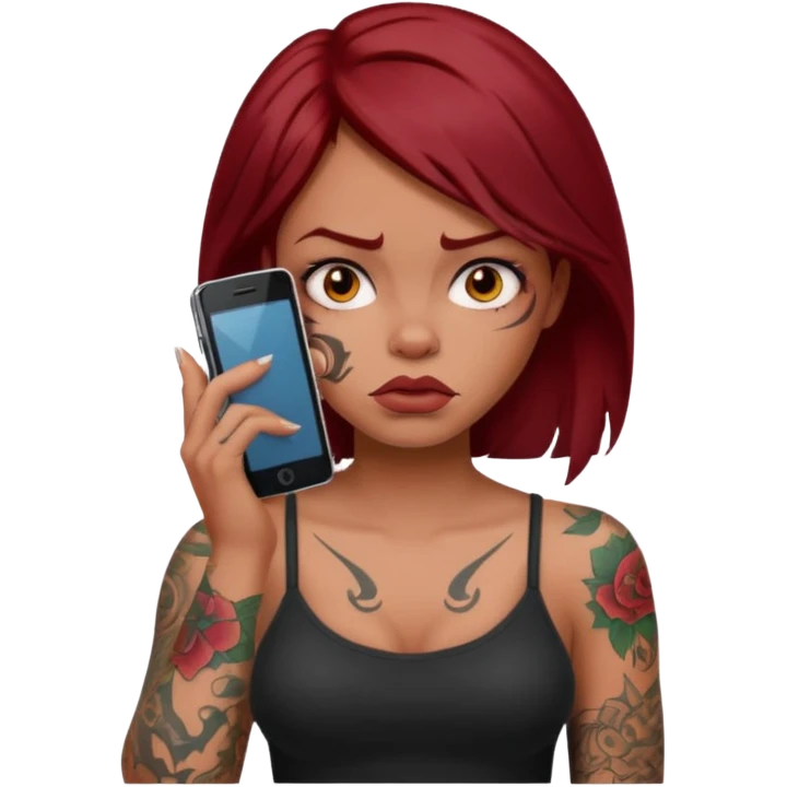generate a girl with dark red hair, tattoos, short black hair calling on the mobile phone. Looking mad emoji