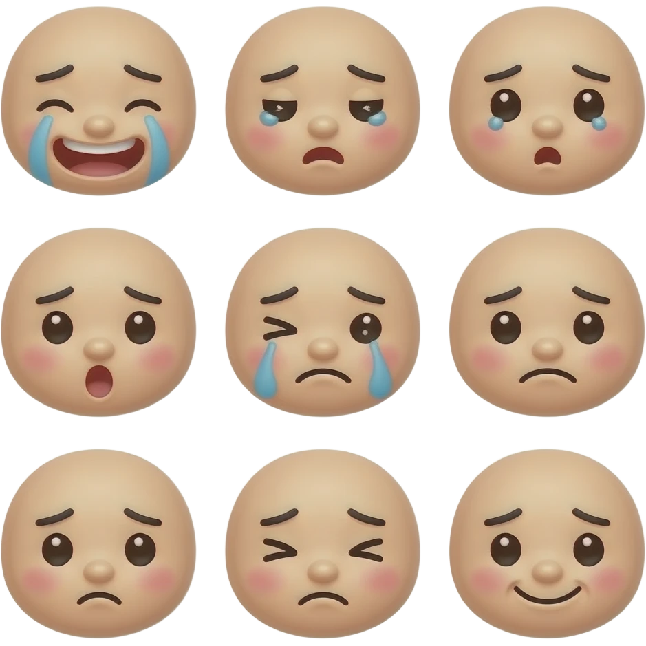 Please Create  Zalo-style  sticker images featuring a cute face. Use a clean and simple background. Include a total of 16 different  expressions:laughing , crying , sleepy, surprised, confused, eating, funny, pouting, expressions and others. emoji