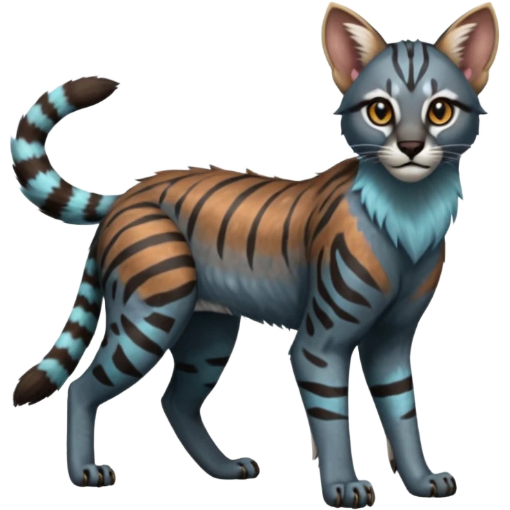 Splash-patterned Realistic edgy bluish greyish blackish whitish silvery coppery Shiny Colorful Dusky Dark Gloomy Glossy Genet-Caracal-Lion-Bobcat-fusion-animal-hybrid-creature, full body, tufted ears, long thin tufted tail emoji