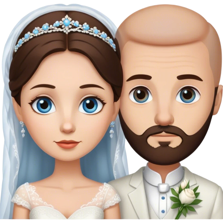 Brunette brown eyed bride bald bearded blue eyed husband emoji