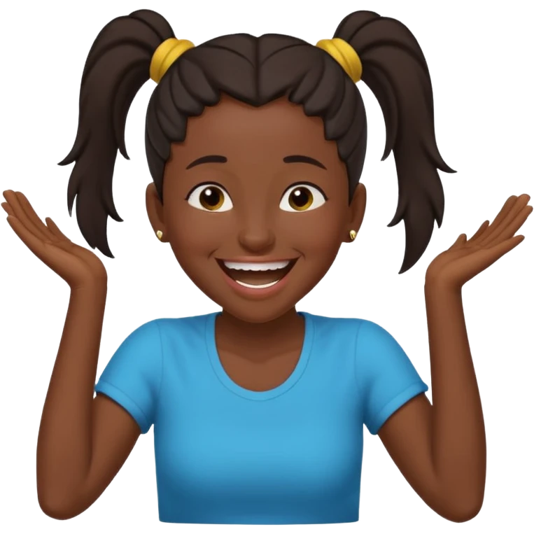 Baiza Ethiopian, dark hair Oldest but immature, no filter, funny Pose: laughing wildly, arms flailing age 21, hair in pony tail emoji