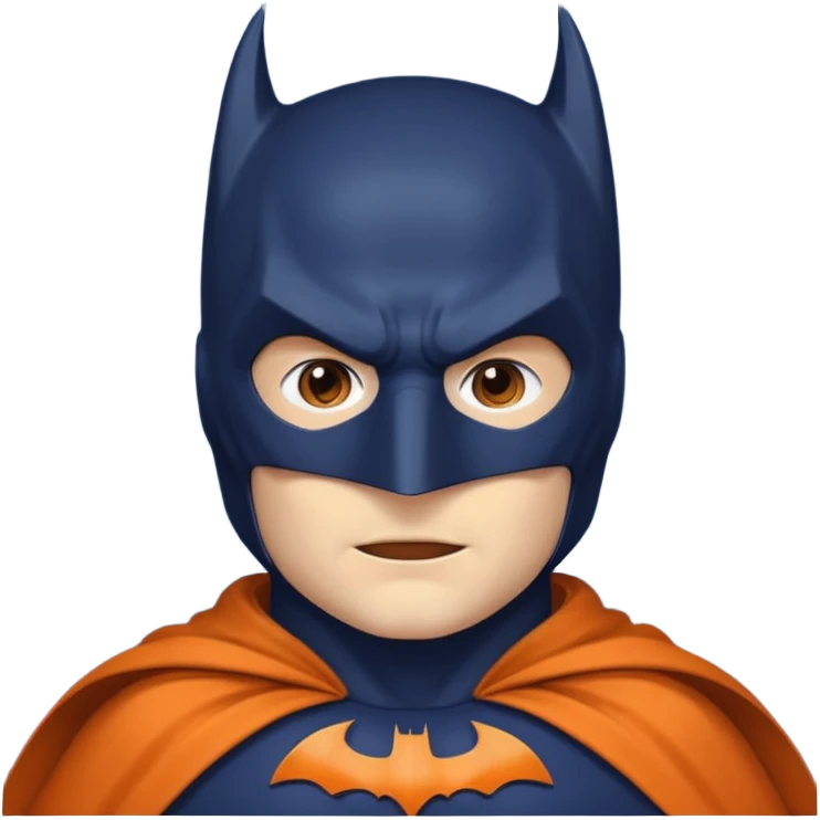 generate a batman emoji with just the face and neck showing and part of the cloak and and wings. Shade the mask in dark navy blue.  Shade the cloak in a solid vibrant orange. Shade the bat logo in a bright medium olive green. emoji