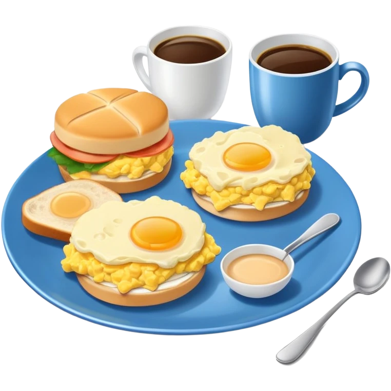 a blue plate with breakfast sandwiches and scrambled eggs and a cup of white coffee emoji