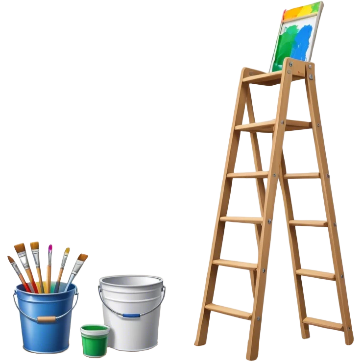 Wall painting icon, wall with an unfinished painting, no frame, a beautiful mural in progress, visible paintbrushes, rollers, and a bucket of paint, wooden ladder beside, minimalistic style, clean lines, transparent background. emoji