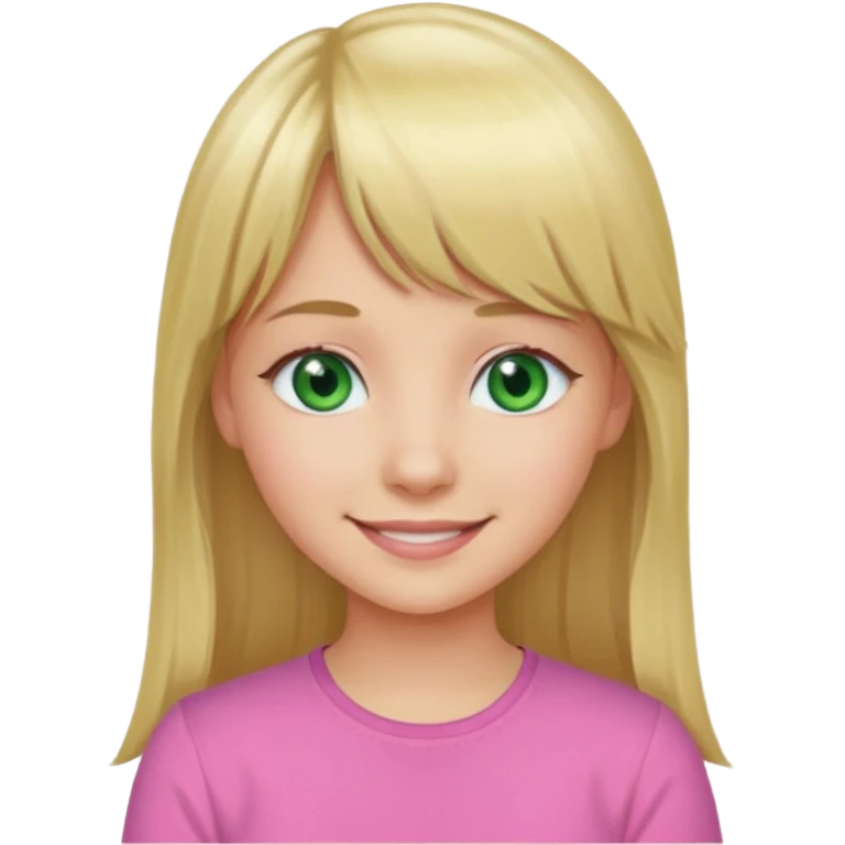 Menina branca de cabelo loiro longo de franja na testa sorrindo blusa rosa olho verde emoji
