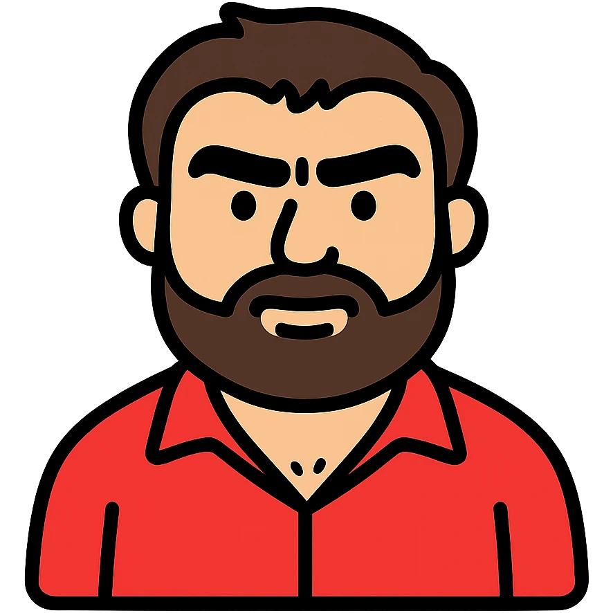 Recep İvedik, signature red shirt, thick eyebrows, beard, cartoonish, color outline icon style emoji