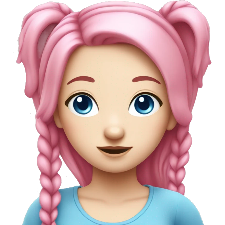 pink kawaii white girl with pink hair in pig tails, blue eyes, emoji