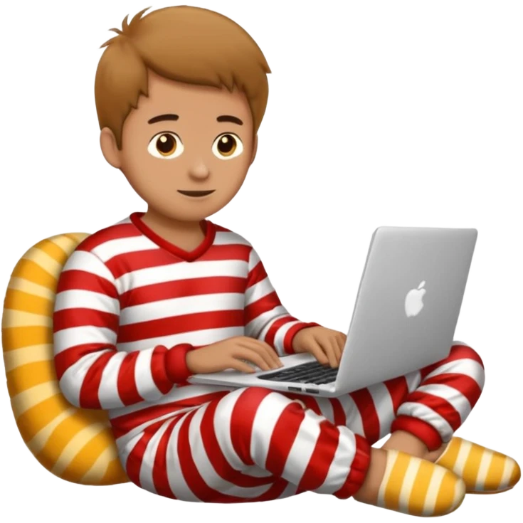 man in striped pajamas and fuzzy slippers typing on a laptop, emoji style emoji